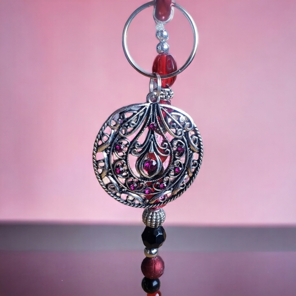 Red, Silver & Black Hand Crafted Beaded Keychain - Picture 8 of 8